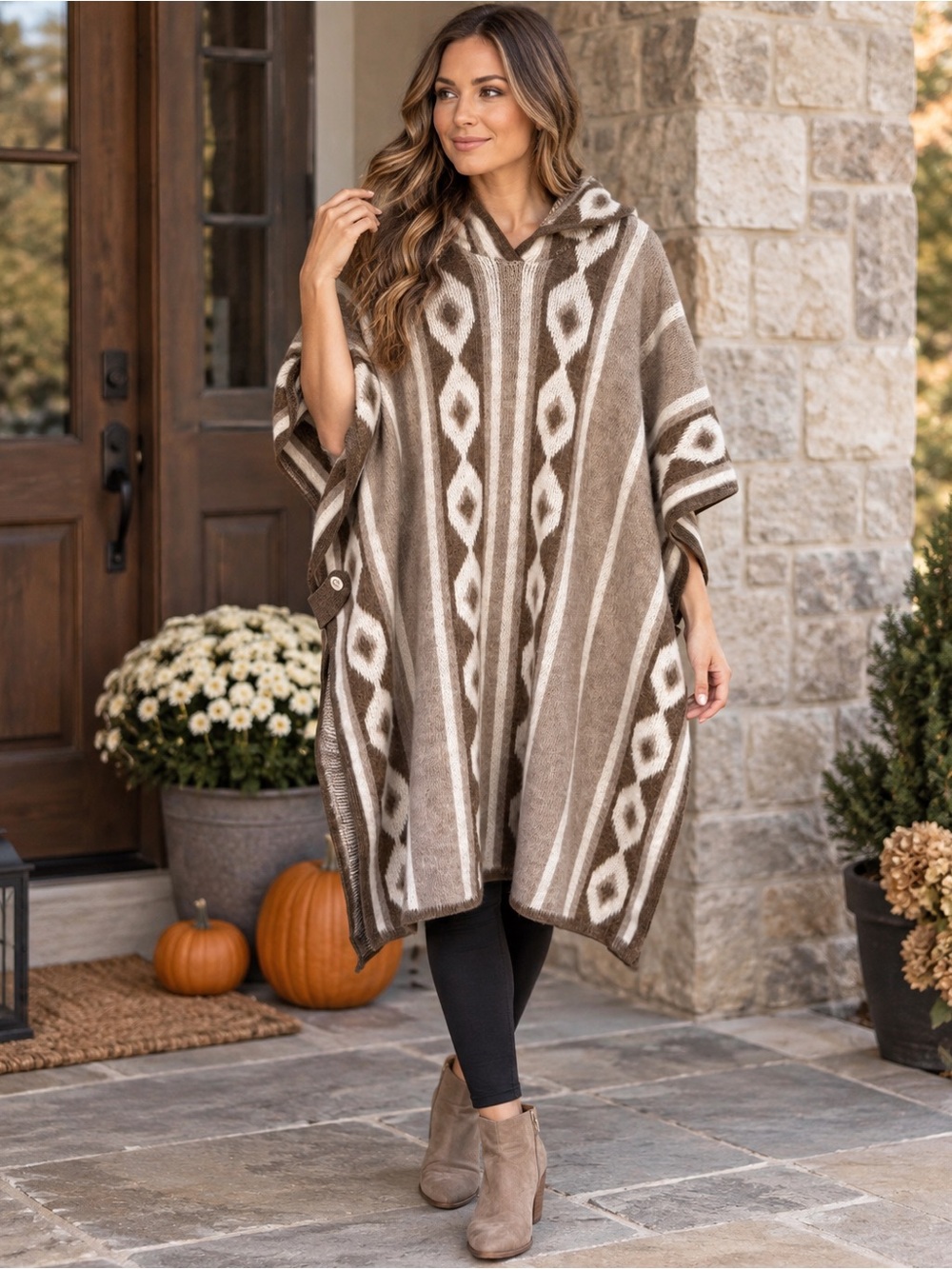 Ice Castles Brown Aztec Boho Hooded Poncho Sweater One Size Southwestern Cozy